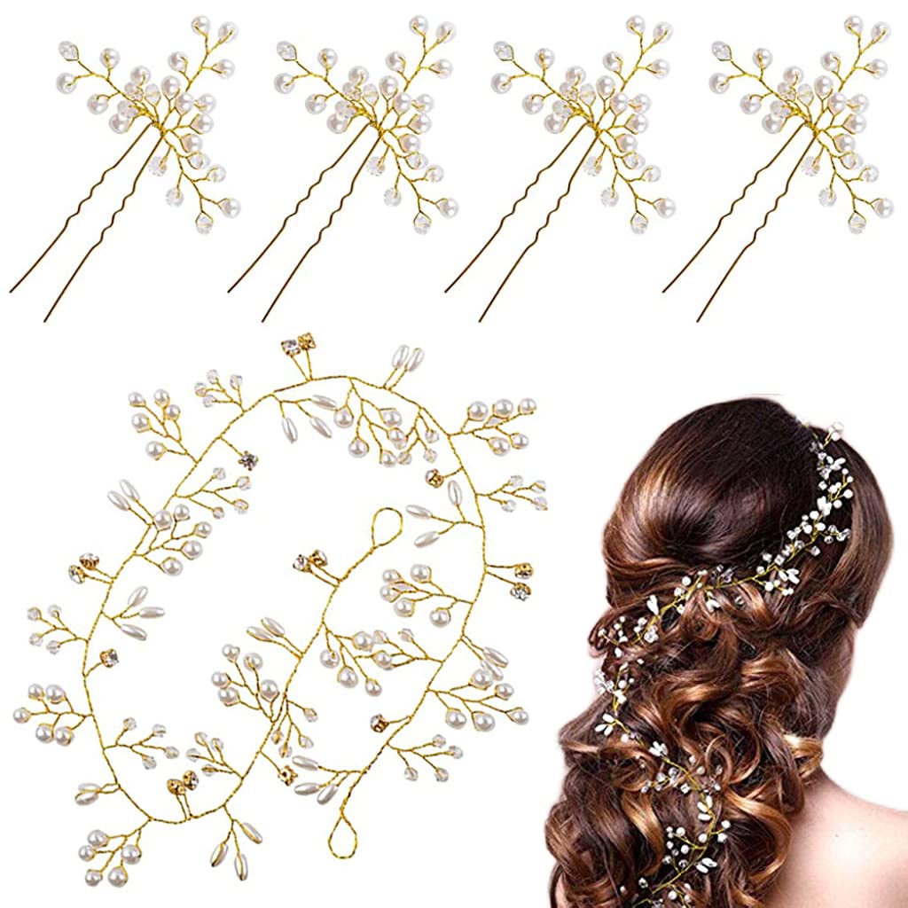 SANNIDHI Bride Hair Pins Floral Hair Vine 5Pcs Set, Pearl Crystal Bridal Hair Accessories For Women Bridesmaids Wedding Anniversary Hair Piece (Gold) SANNIDHI Bride Hair Pins Floral Hair Vine 5Pcs Set, Pearl Crystal Bridal Hair Accessories For Women Bridesmaids Wedding Anniversary Hair Piece (Gold)